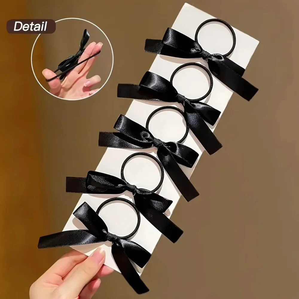Black Bow Hair‎ Tie Set (9 Pc) | Classic Ribbon Ponytail Accessories